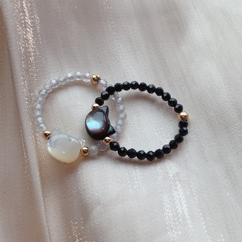 Buddha Stones天然シャコガイ石愛らしい猫14Kゴールド祝福リング - image 2