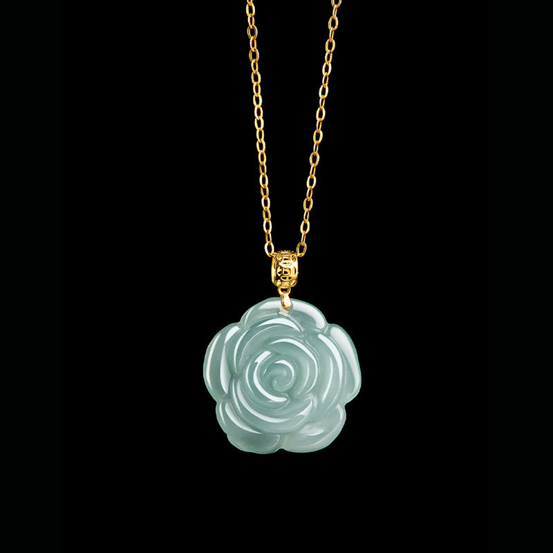 Buddha Stones 18Kゴールドバックル 925スターリングシルバーチェーン 天然翡翠 ローズ 幸運のネックレスペンダント - image 2