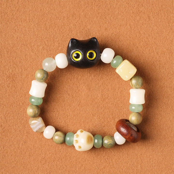 Buddha Stones菩提樹 緑白檀黒檀小葉紫檀猫の頭 足爪 平和ブレスレット - 黒檀の猫（黄色い目）（手首周り14～16cm） - image 15