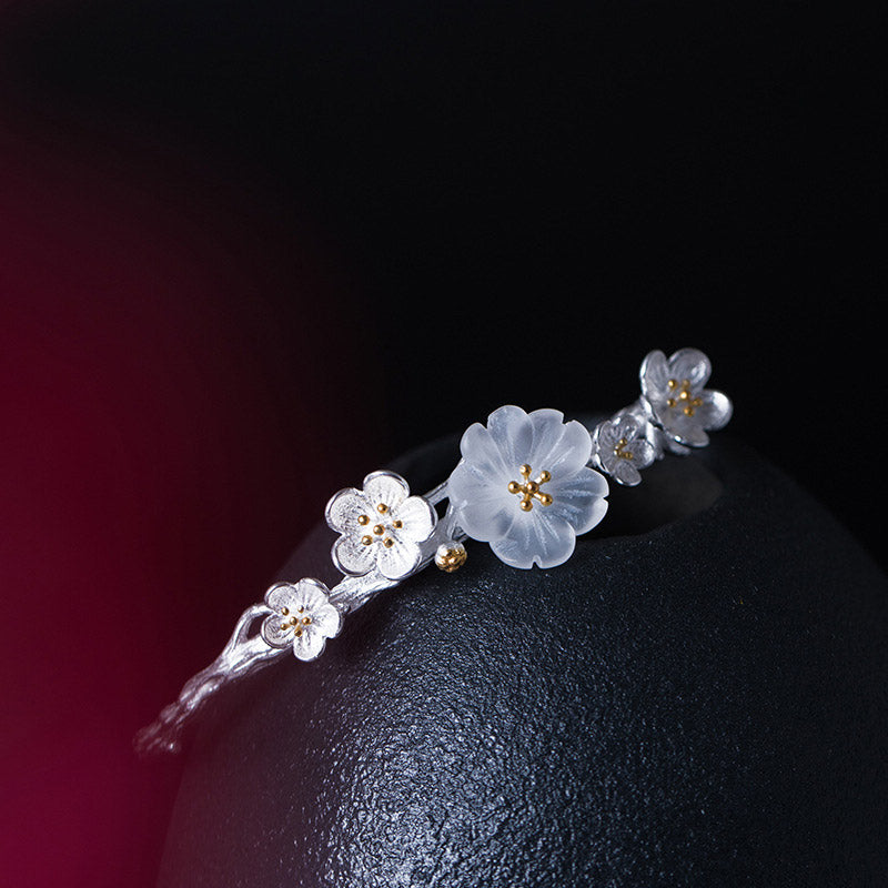 Buddha Stones925スターリングシルバー プラムフラワー 祝福ブレスレット 調節可能バングル