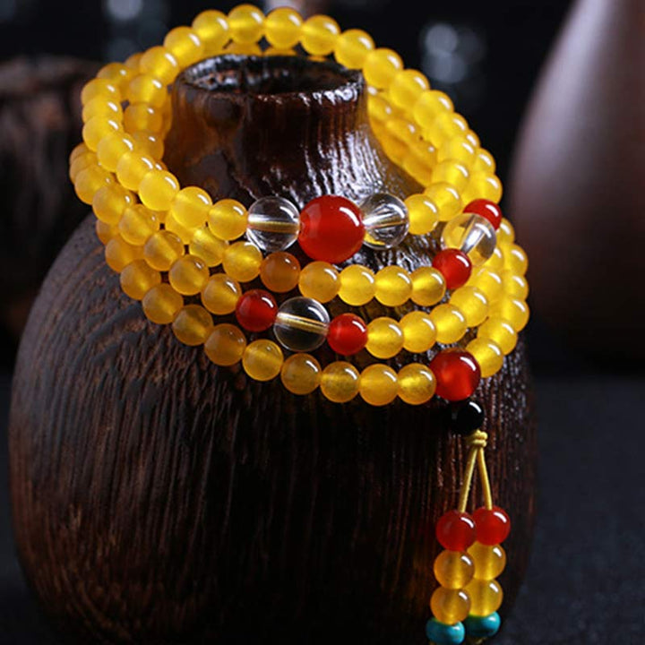 Buddha Stones 108 個入りMalaビーズ イエローカルセドニー ハーモニーブレスレット