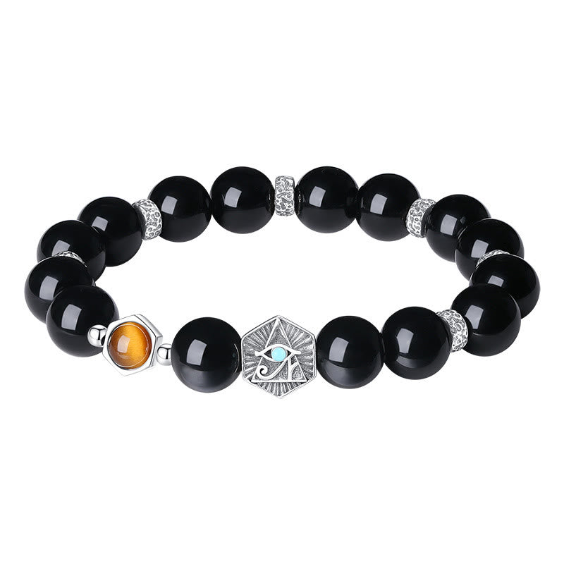Buddha Stones925 スターリングシルバー ブラックオブシディアン タイガーアイ プロビデンスの目 浄化ブレスレット