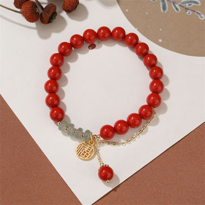 Buddha Stones辰砂 縁起の良い福の字 翡翠 落ち着いたブレスレット