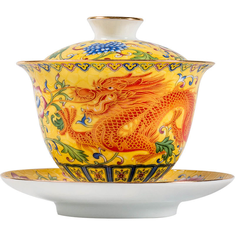 Buddha Stones龍鳳凰花デザイン陶器蓋碗三彩ティーカップカンフーティーカップ＆ソーサー蓋付き - image 11