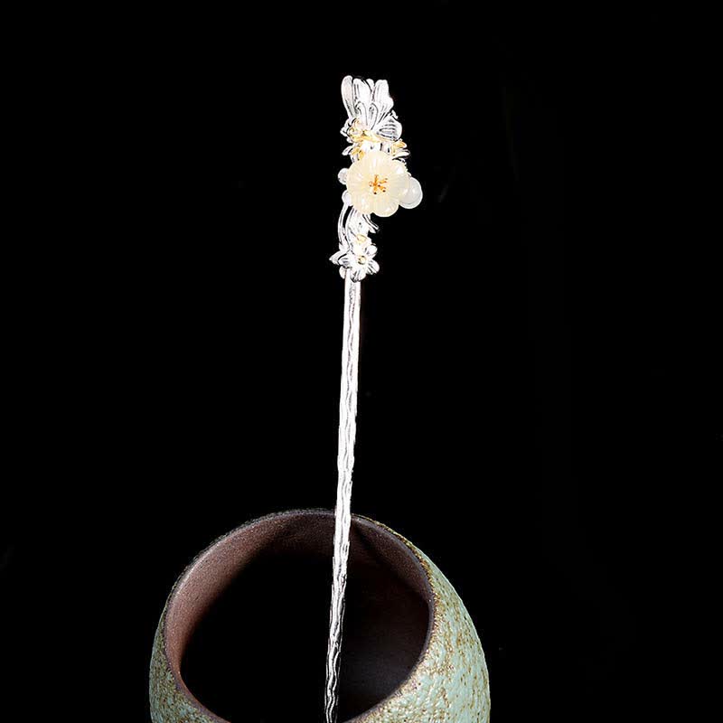 925スターリングシルバーの和田白翡翠の花の祝福のヘアピン