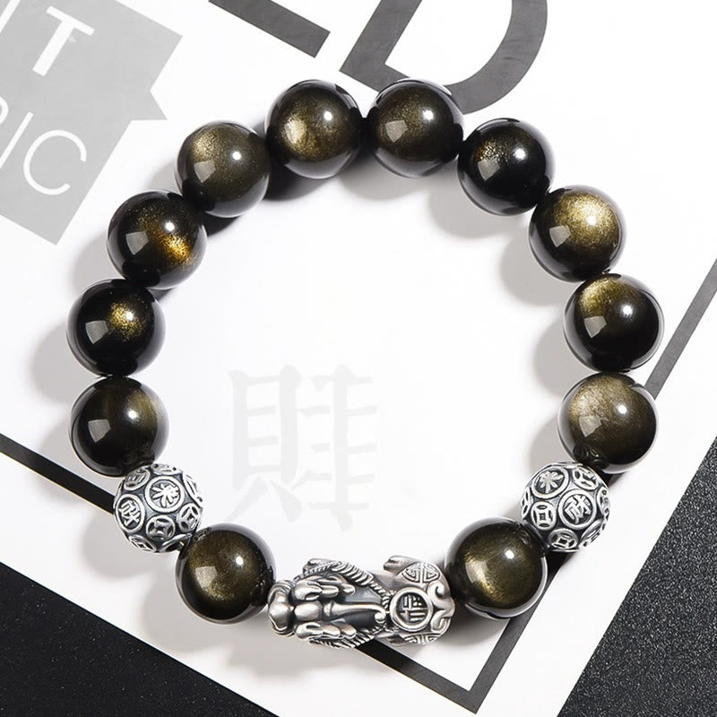 Buddha Stones925スターリングシルバー 天然ゴールド 光沢 黒曜石 貔貅 富の守護ブレスレット