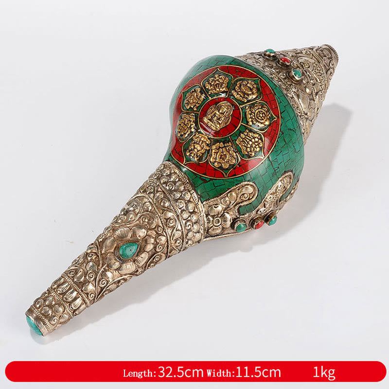 チベット手作り Shankha オーム・マニ・パドメ・フム Buddha Avalokitesvara ターコイズ コンクシェル ポジティブ装飾 - 八吉祥図-釈迦牟尼 32.5×11.5cm - image 19