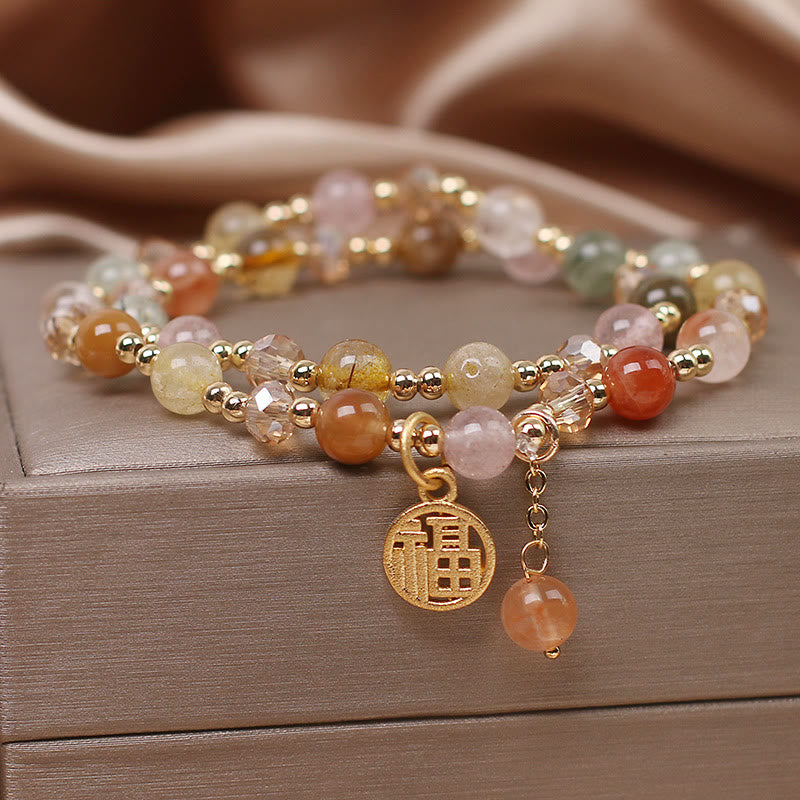 Buddha Stonesマルチカラールチルクォーツ 福文字 縁起物ブレスレット