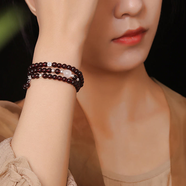 Buddha Stones 925スターリングシルバー 天然ガーネット キャットアイプロテクション トリプルラップブレスレット - image 6