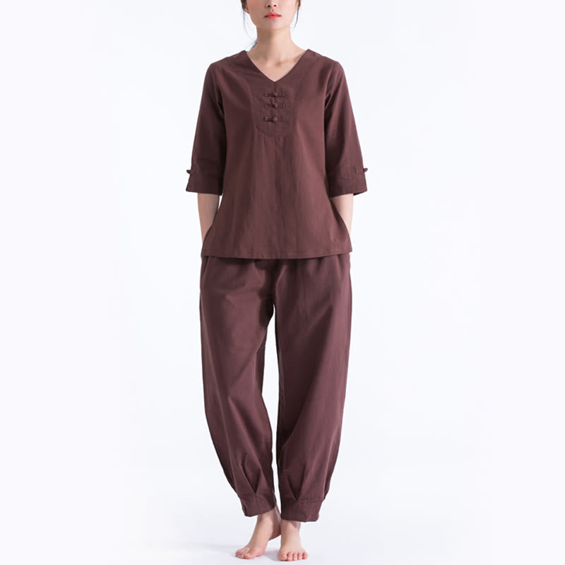 Buddha Stonesヨガ瞑想祈りVネックデザインコットンリネン服ユニフォーム禅練習レディースセット