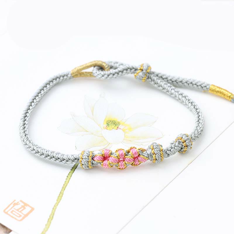 Buddha Stones手作りの三つの桃の花の幸運の8連編み紐ブレスレット