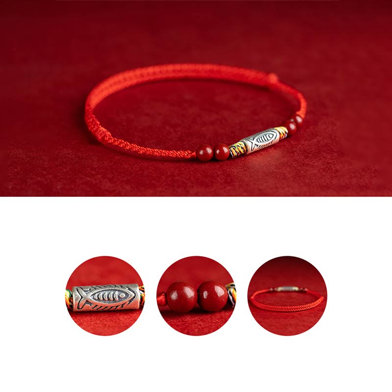 Buddha Stones 925スターリングシルバー 鯉 辰砂 ビーズ 富 手作り 編み込み ブレスレット アンクレット