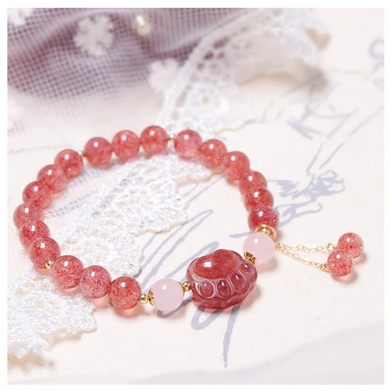 Buddha Stones天然ストロベリークォーツ ピンククリスタル ラッキーキャットポー ラブブレスレット - image 2