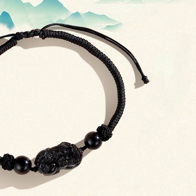 Buddha Stonesハンドメイド天然銀光沢黒曜石ストロベリークォーツ貔貅守護編み込みブレスレット - image 6
