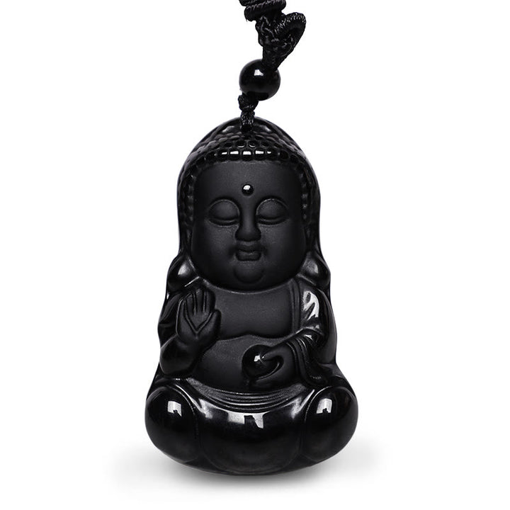 Buddha Stones天然黒曜石 水晶 仏陀の強さ 守護 お守り 幸運のお守り ペンダントネックレス - image 2