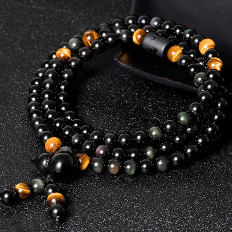 Buddha Stones天然黒曜石 レインボーオブシディアン ひょうたん 祝福ブレスレットMala