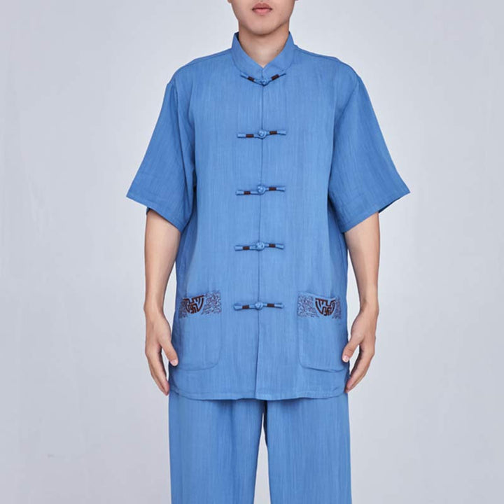 Buddha Stones瞑想禅祈りスピリチュアル太極拳気功練習ユニセックス刺繍服セット - 半袖ブルー刺繍 - US14、 UK/AU18、 EU46 (3XL) - image 32