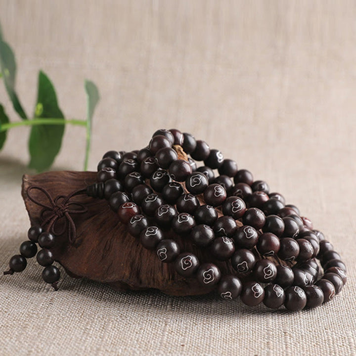 Buddha Stones925 スターリングシルバー 象嵌小葉 赤白檀Om Mani Padme Humキャラクター 縁起の良い雲 保護ブレスレット