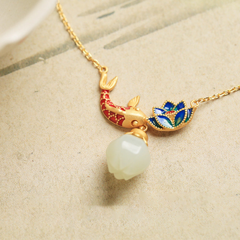 Buddha Stones925 スターリングシルバー ホワイトジェイド 鯉 蓮 守護 ネックレス ペンダント - image 5