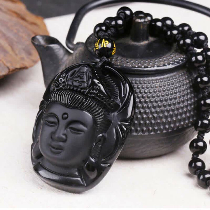 Buddha Stones天然黒曜石 観音菩薩 強さの紐ネックレスペンダント - image 6