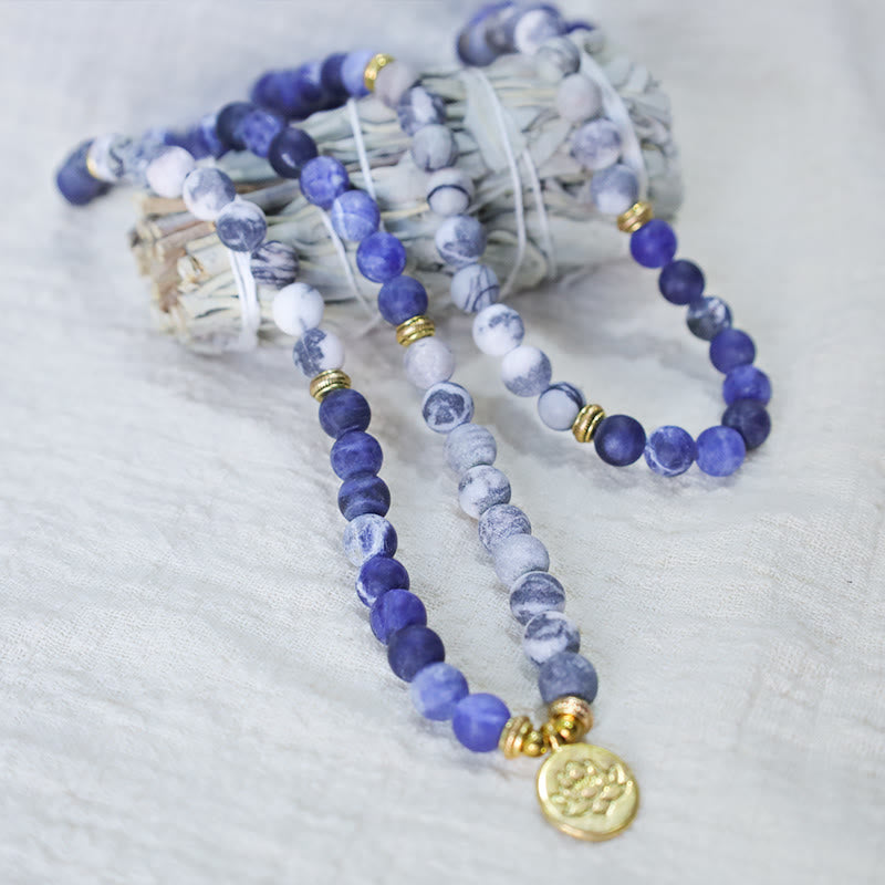 Buddha Stones 108 天然ピカソジャスパー＆ブルーストーンMalaロータスペンダントブレスレット