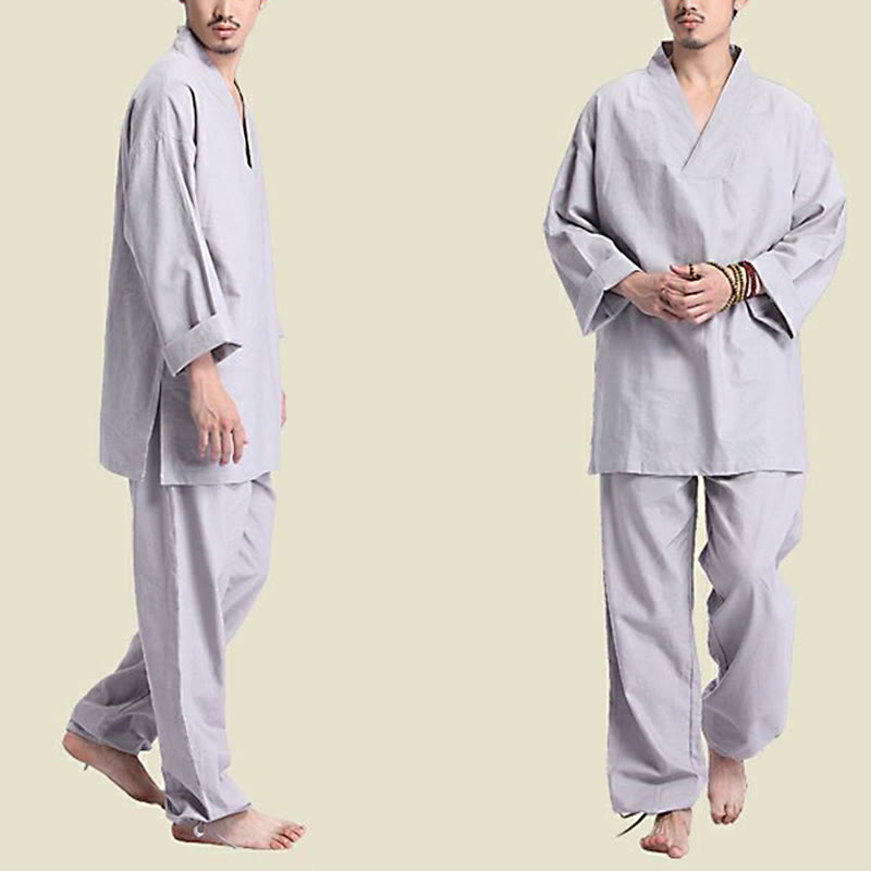 Buddha Stones瞑想祈りVネックデザインコットンリネンスピリチュアル禅練習ヨガウェアメンズセット - image 13