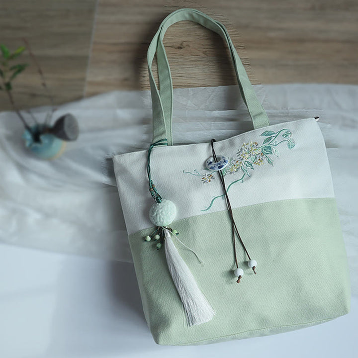 梨花 梅 桃の花 竹刺繍 キャンバス 大容量 ショルダーバッグ トートバッグ