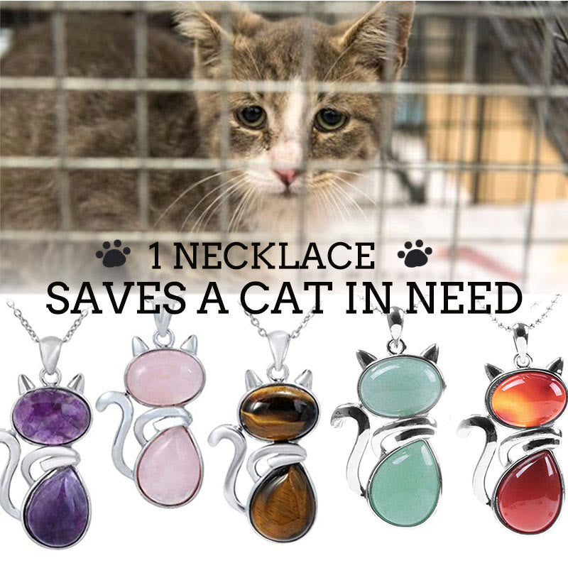 「Save A Cat」可愛い猫柄天然クリスタル守護猫愛ペンダントネックレス - image 1