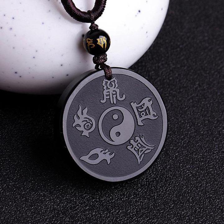 Buddha Stones天然黒曜石 道教 五大聖山 九字真言 彫刻 強さ 陰陽 ネックレス ペンダント キーチェーン - 黒曜石と弦 - image 1