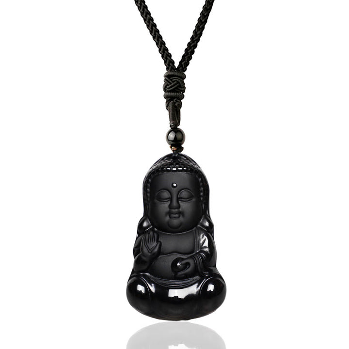Buddha Stones天然黒曜石 水晶 仏陀の強さ 守護 お守り 幸運のお守り ペンダントネックレス - image 1