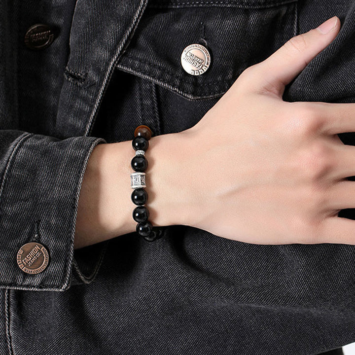 Buddha Stones999 スターリングシルバー ブラックオブシディアン タイガーアイオーム・マニ・パドメ・フムフルフィルメントブレスレット - image 7