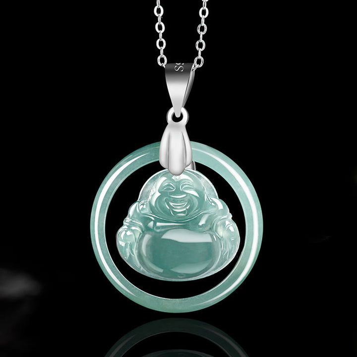 Buddha Stones925スターリングシルバー 天然翡翠 ラウンド 笑い仏 豊穣 チェーンネックレス ペンダント