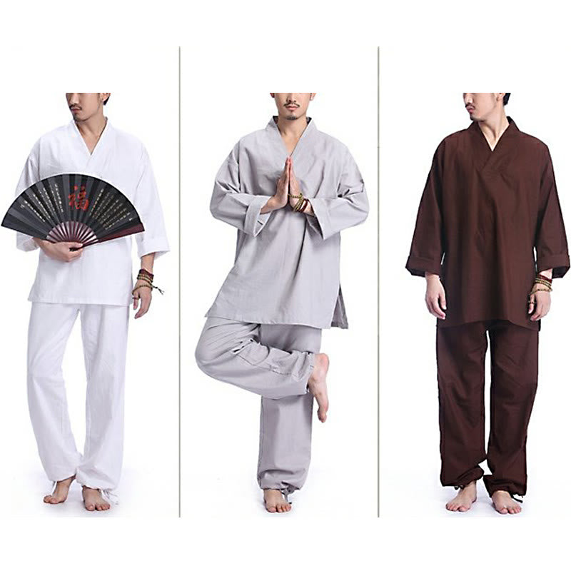 Buddha Stones瞑想祈りVネックデザインコットンリネンスピリチュアル禅練習ヨガウェアメンズセット - image 20