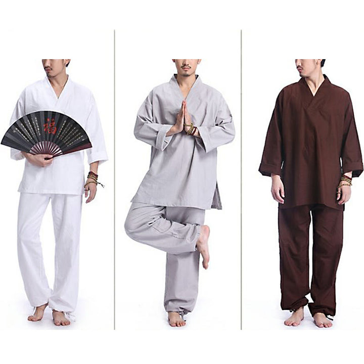Buddha Stones瞑想祈りVネックデザインコットンリネンスピリチュアル禅練習ヨガウェアメンズセット - image 20
