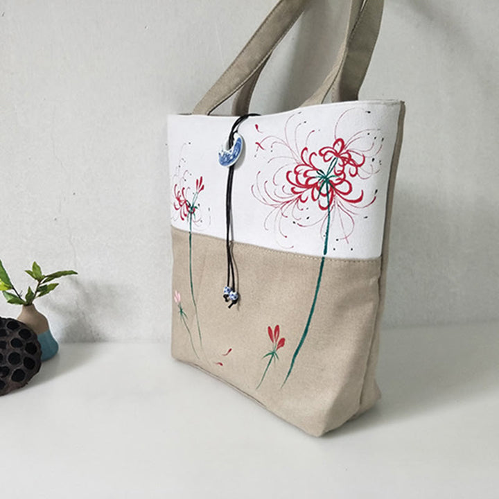 梨花 梅 桃の花 竹刺繍 キャンバス 大容量 ショルダーバッグ トートバッグ