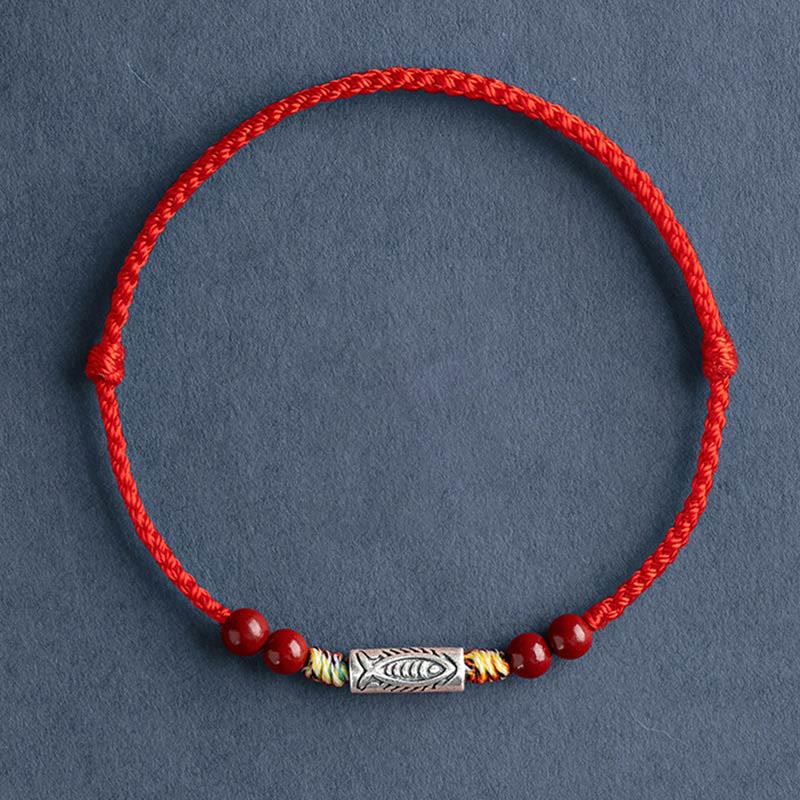 Buddha Stones 925スターリングシルバー 鯉 辰砂 ビーズ 富 手作り 編み込み ブレスレット アンクレット