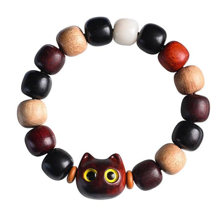 Buddha Stones小葉 紫檀 黒檀 かわいい猫 彫刻 守護ブレスレット