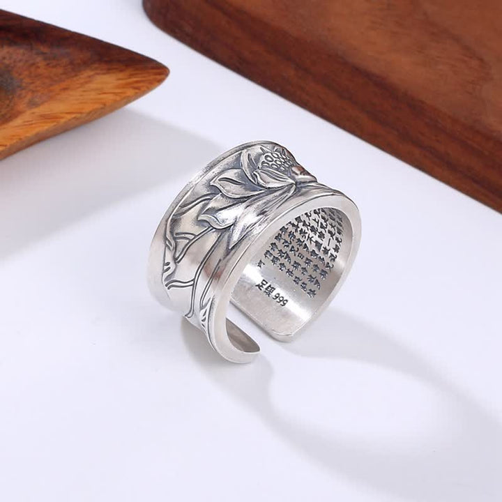 Buddha Stones999スターリングシルバー 蓮の花 般若心経 守護リング