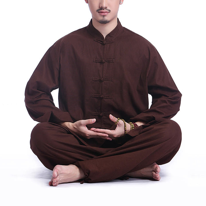 Buddha Stones中国風 カエル ボタンデザイン 瞑想 祈り コットン リネン スピリチュアル 禅 練習 ヨガ ウェア メンズ セット - ブラウン（長袖） - US/UK/AU44、 EU54 (3XL) - image 13