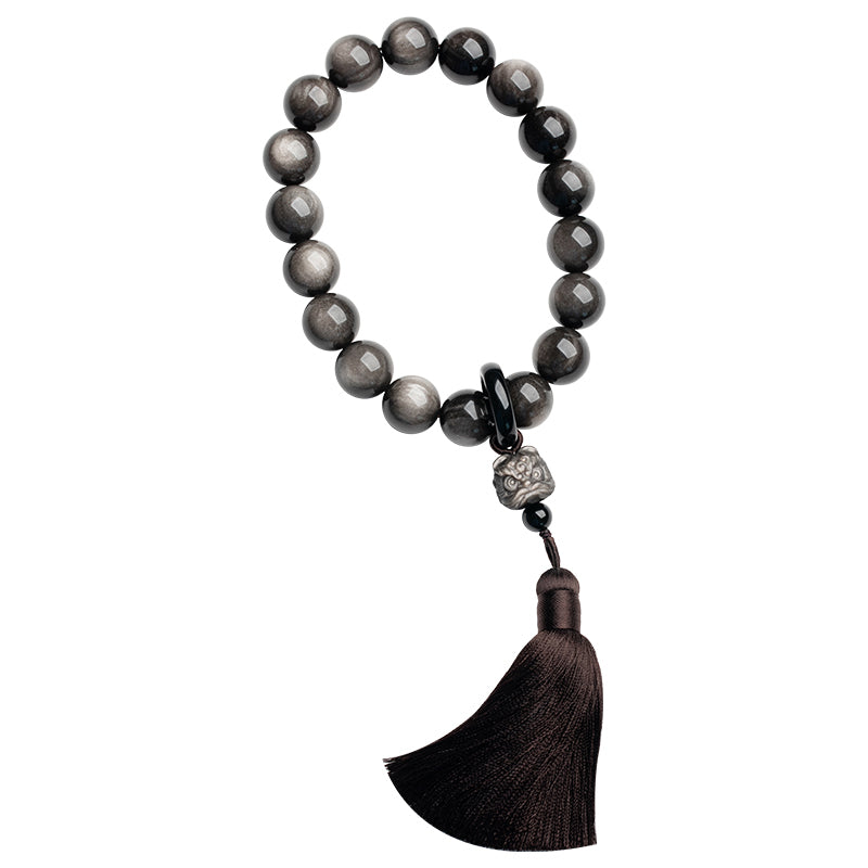 Buddha Stones天然銀光沢黒曜石 黒曜石 ライオン手首Mala保護タッセル ポケットMala車の装飾