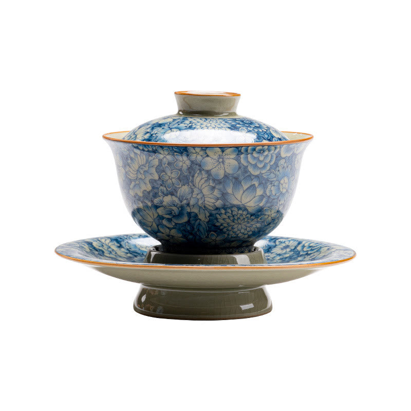 Buddha Stonesヴィンテージ青と白の磁器桃の花蓮牡丹セラミック蓋碗三彩ティーカップカンフーティーカップとソーサー蓋付き - image 9