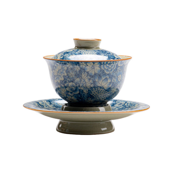 Buddha Stonesヴィンテージ青と白の磁器桃の花蓮牡丹セラミック蓋碗三彩ティーカップカンフーティーカップとソーサー蓋付き - image 9