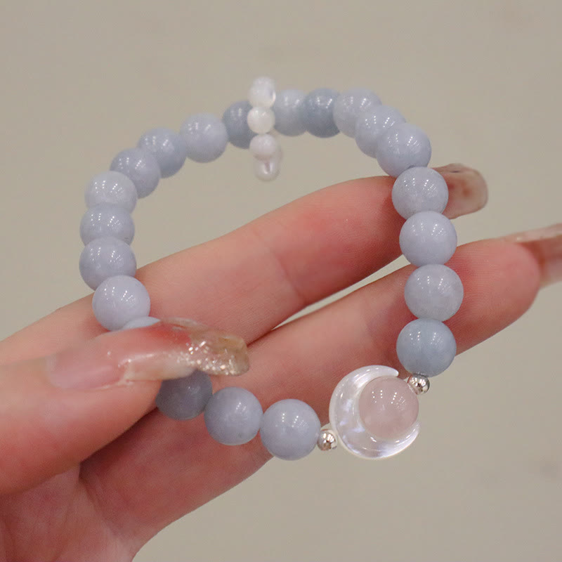 Buddha Stones 925スターリングシルバー 天然アメジスト アクアマリン ピンククリスタル キャッツアイ ヒーリング クレセントムーンブレスレット
