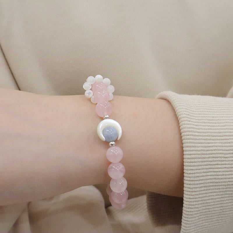 Buddha Stones 925スターリングシルバー 天然アメジスト アクアマリン ピンククリスタル キャッツアイ ヒーリング クレセントムーンブレスレット