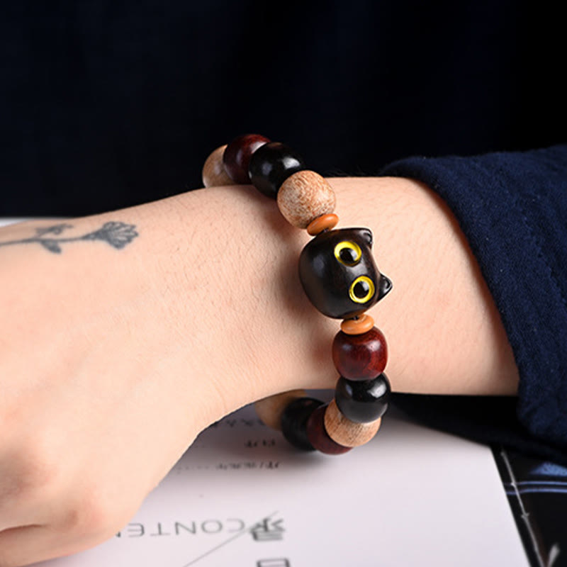 Buddha Stones小葉 紫檀 黒檀 かわいい猫 彫刻 守護ブレスレット