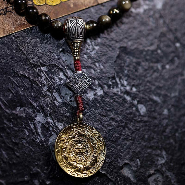 Buddha Stones 108Malaビーズ ゴールドシーン オブシディアン タイガーアイ イーグルアイストーン ウェルスブレスレット