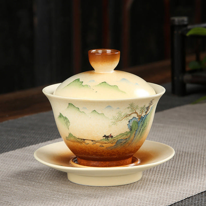Buddha Stones山の風景 田舎 陶器 蓋碗 三彩 ティーカップ カンフー ティーカップ ソーサー 蓋付き