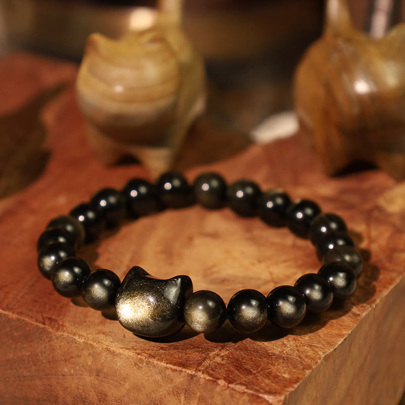 Buddha Stones金色光沢黒曜石 銀色光沢黒曜石 愛らしい足跡 招き猫守護ブレスレット - image 8