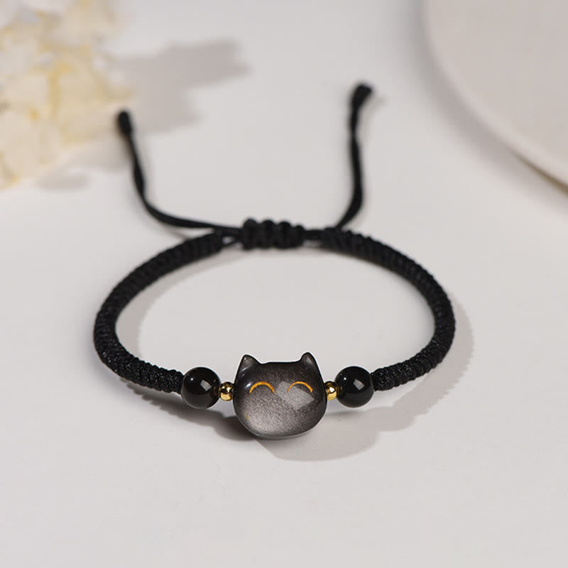 Buddha Stonesハンドメイド 天然銀光沢黒曜石 ストロベリークォーツ かわいい猫のお守り編み込みブレスレット - 銀影黒曜石（コミュニケーション♥癒し） - 笑顔の猫 - image 1