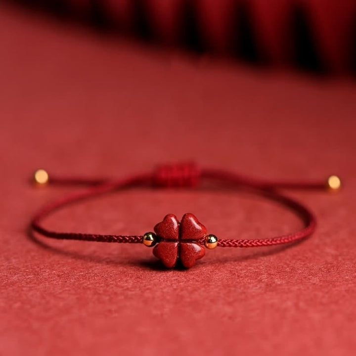Buddha Stones天然辰砂 四つ葉のクローバー 祝福の赤い紐ブレスレット アンクレット